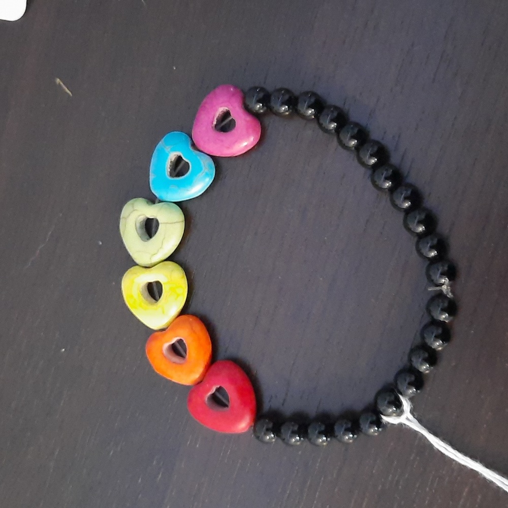 Black bead and rainbow heart braclet